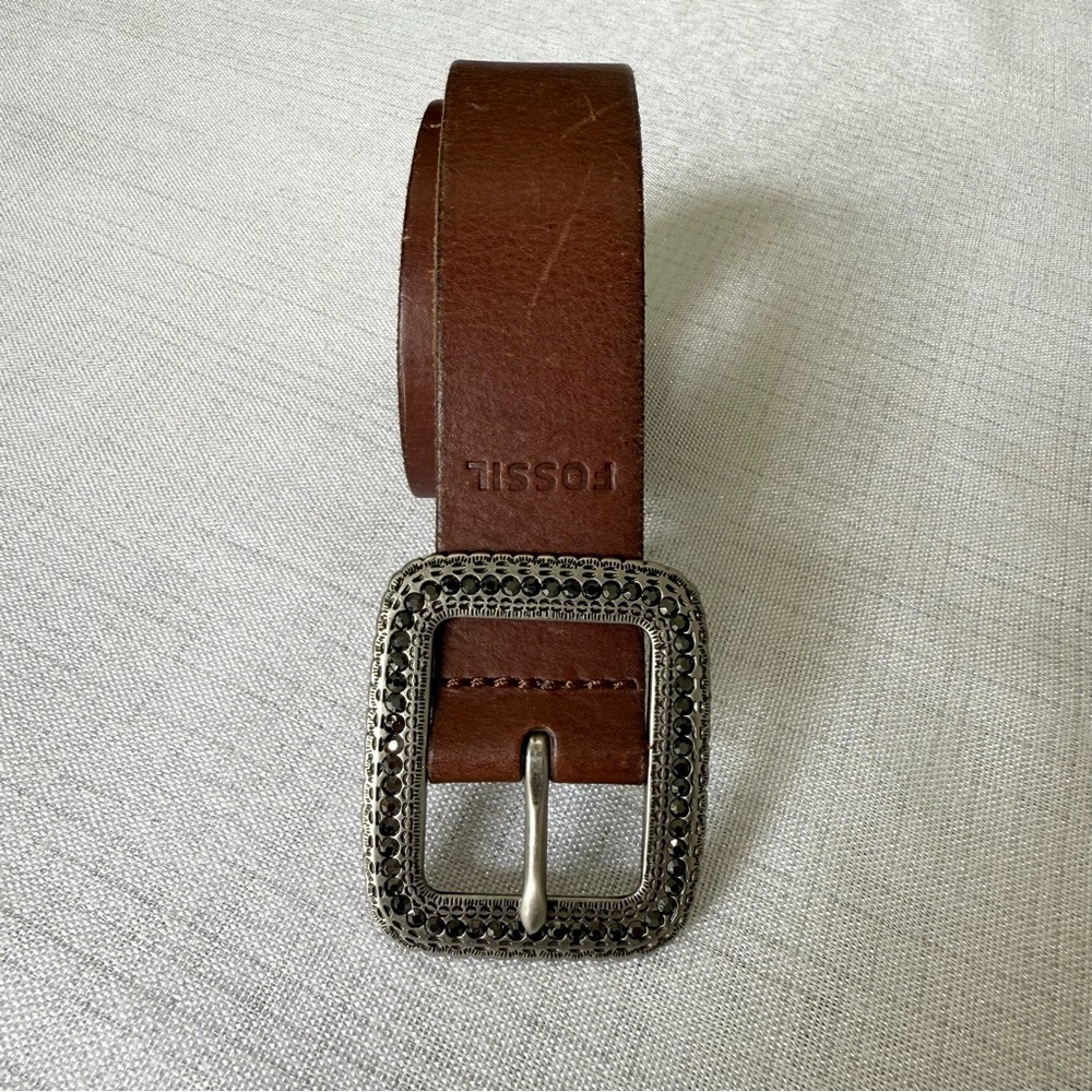 Fossil Beaded Classic Leather Brown Women’s Belt Rhinestone Buckle Size M